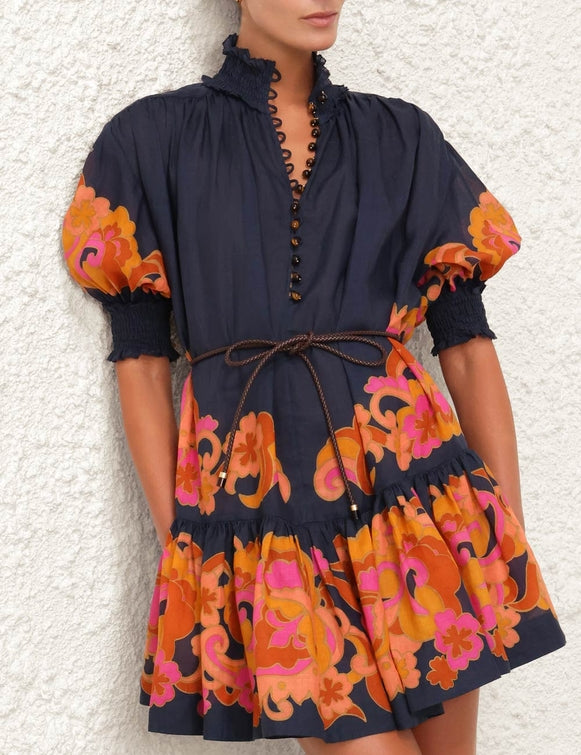 ZIMMERMANN Acadian Lantern Mini Dress in Navy Paisley