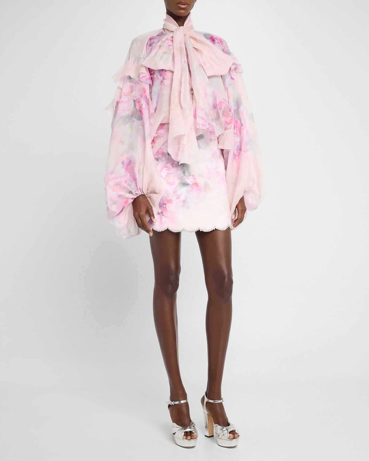 ZIMMERMANN
Crush Tie Neck Ruffle Blouse – Pink Floral
