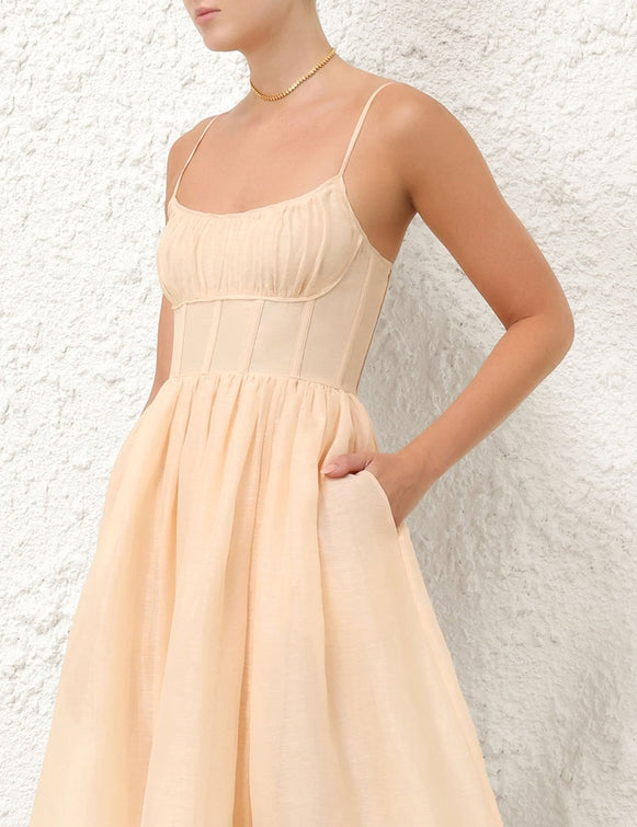 ZIMMERMANN Natura Ruched Midi Dress in Light Peach
