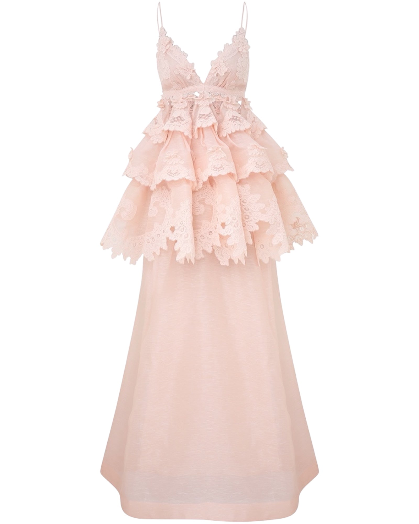 ZIMMERMANN
Crush Tiered Lace Maxi Dress – Pale Pink