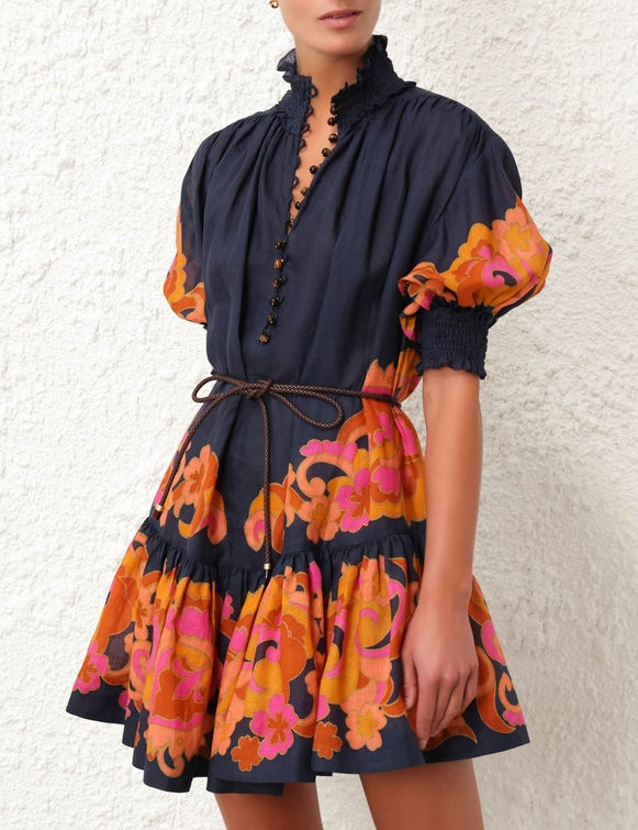 ZIMMERMANN Acadian Lantern Mini Dress in Navy Paisley