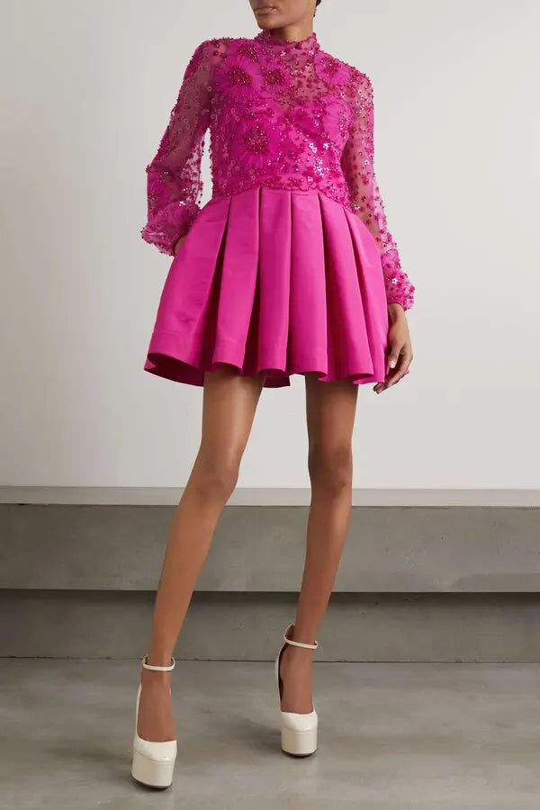 VALENTINO GARAVANI  
Embellished Tulle And Silk-Faille Mini Dress - Pink