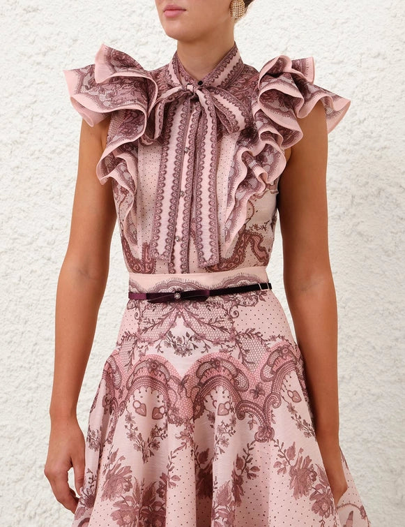 ZIMMERMANN
Crush Frilled Fitted Blouse – Pink Lace Print