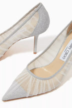 JIMMY CHOOSE Love 65
Metallic Silver Glitter Fabric Pumps with Ivory Tulle Overlay