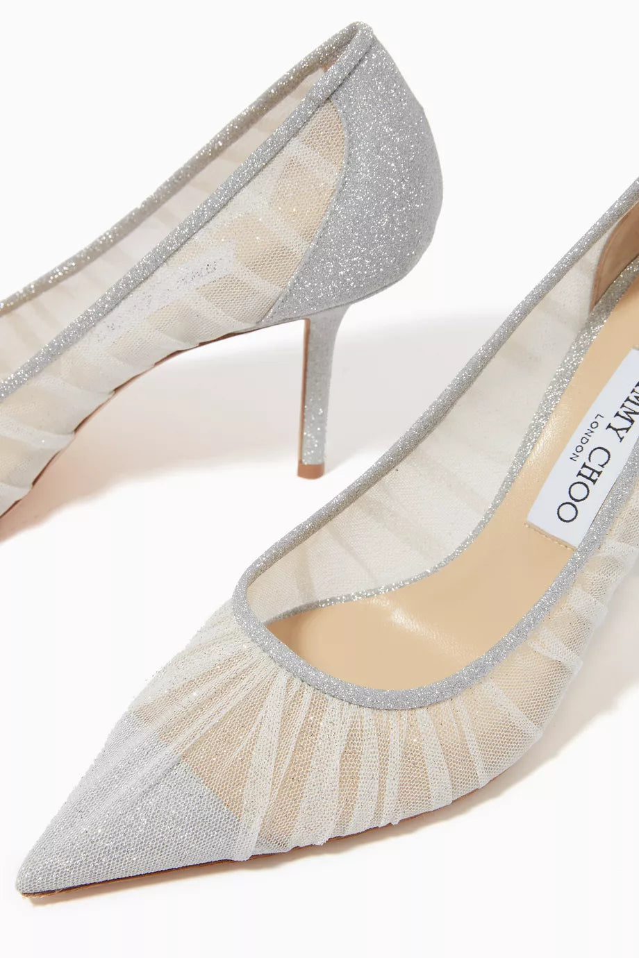JIMMY CHOOSE Love 65
Metallic Silver Glitter Fabric Pumps with Ivory Tulle Overlay