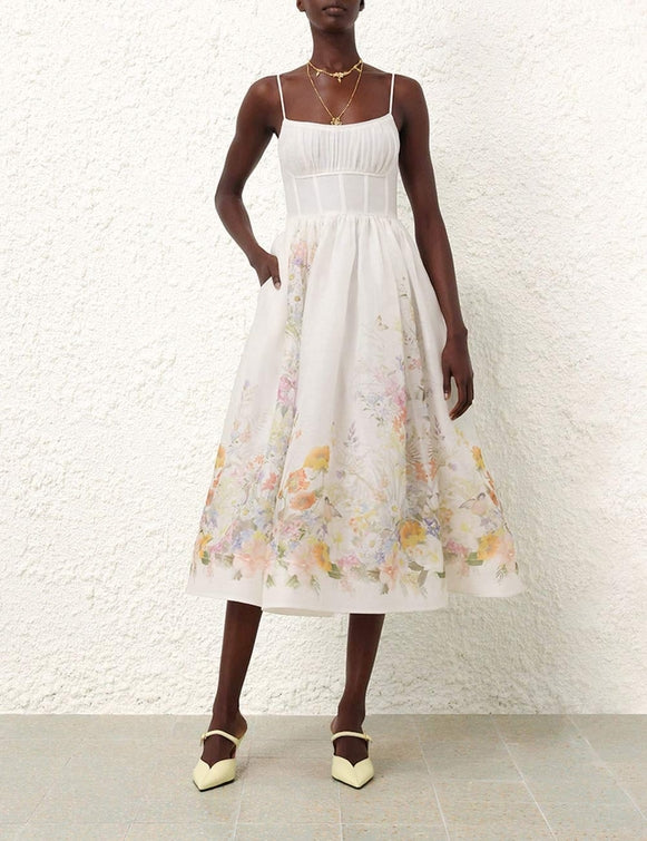 ZIMMERMANN Natura Ruched Midi Dress in Ivory