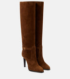 SAINT LAURENT Diane Logo-Embellished Suede Knee Boots – Dark Brown