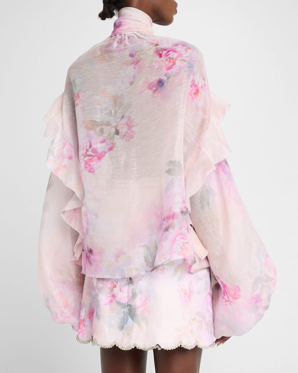 ZIMMERMANN
Crush Tie Neck Ruffle Blouse – Pink Floral