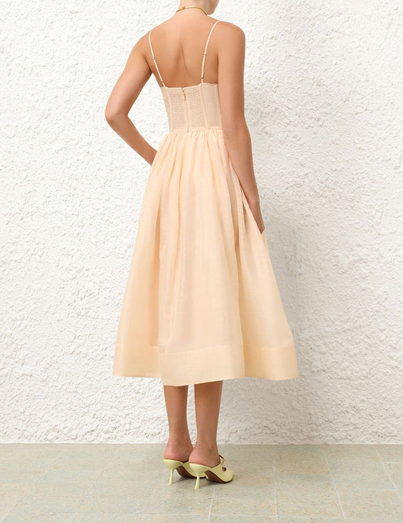 ZIMMERMANN Natura Ruched Midi Dress in Light Peach