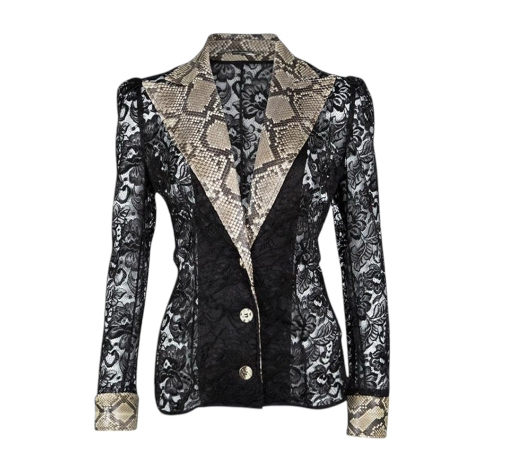 DOLCE & GABBANA Black Lace Contrast Python Leather Detail Blazer