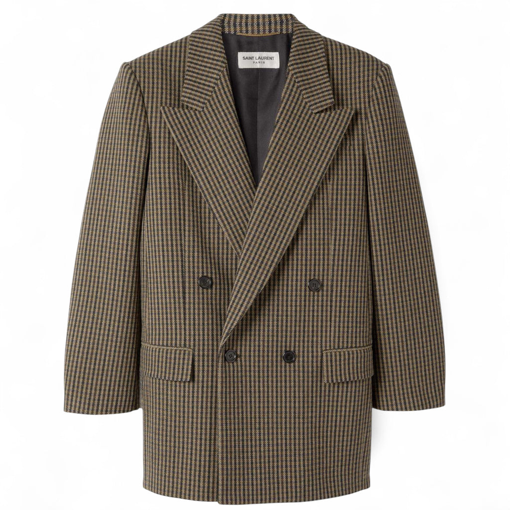 SAINT LAURENT Double-Breasted Checked Wool-Blend Blazer – Beige