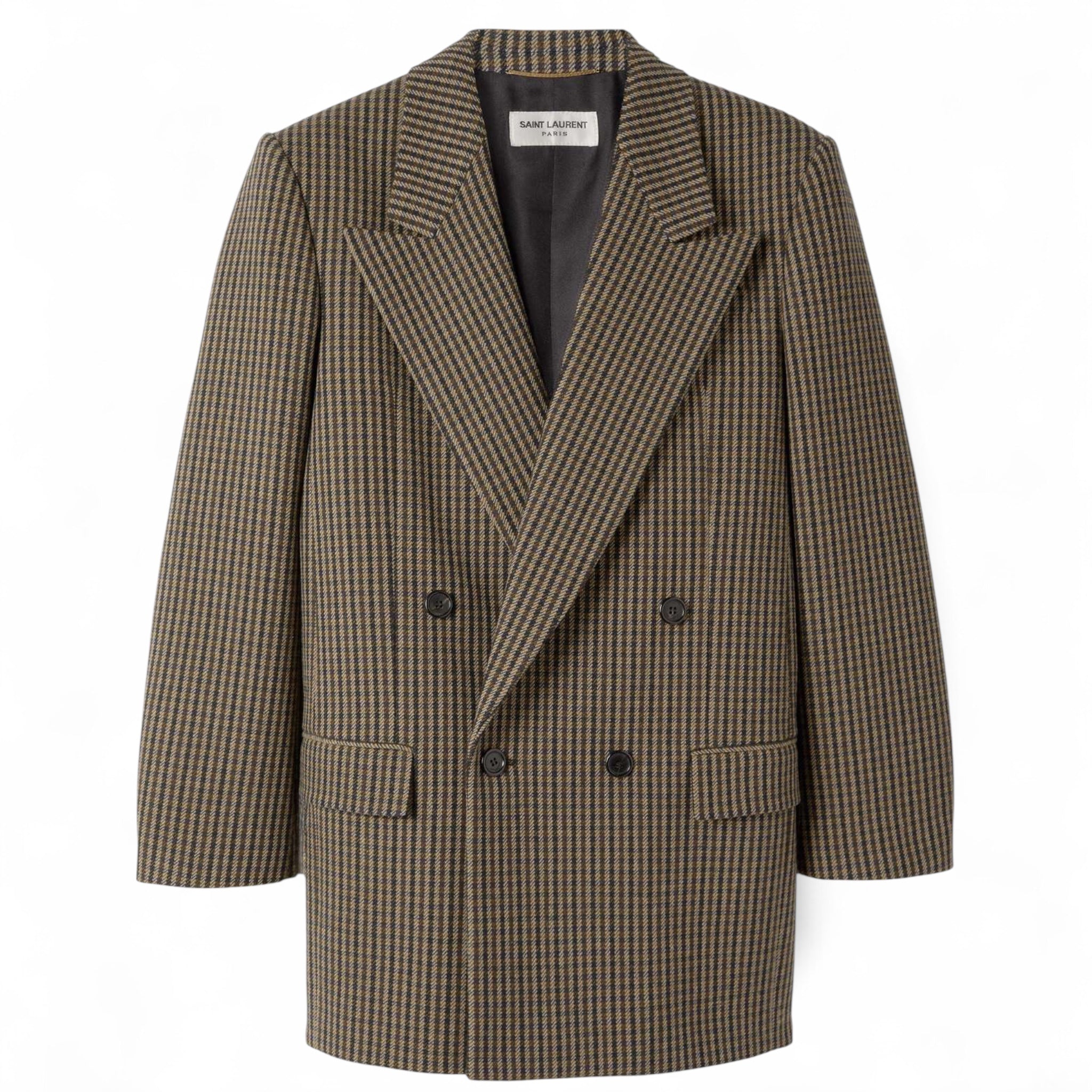 SAINT LAURENT Double-Breasted Checked Wool-Blend Blazer – Beige