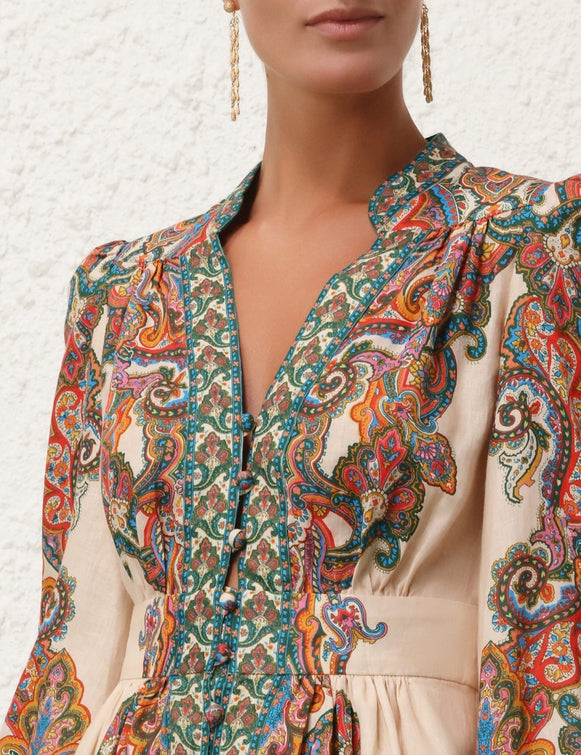 ZIMMERMANN Ottie Plunge Mini Dress in Multi Paisley