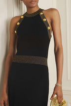 BALMAIN Button-embellished Metallic Ribbed-knit Midi Dress - Black