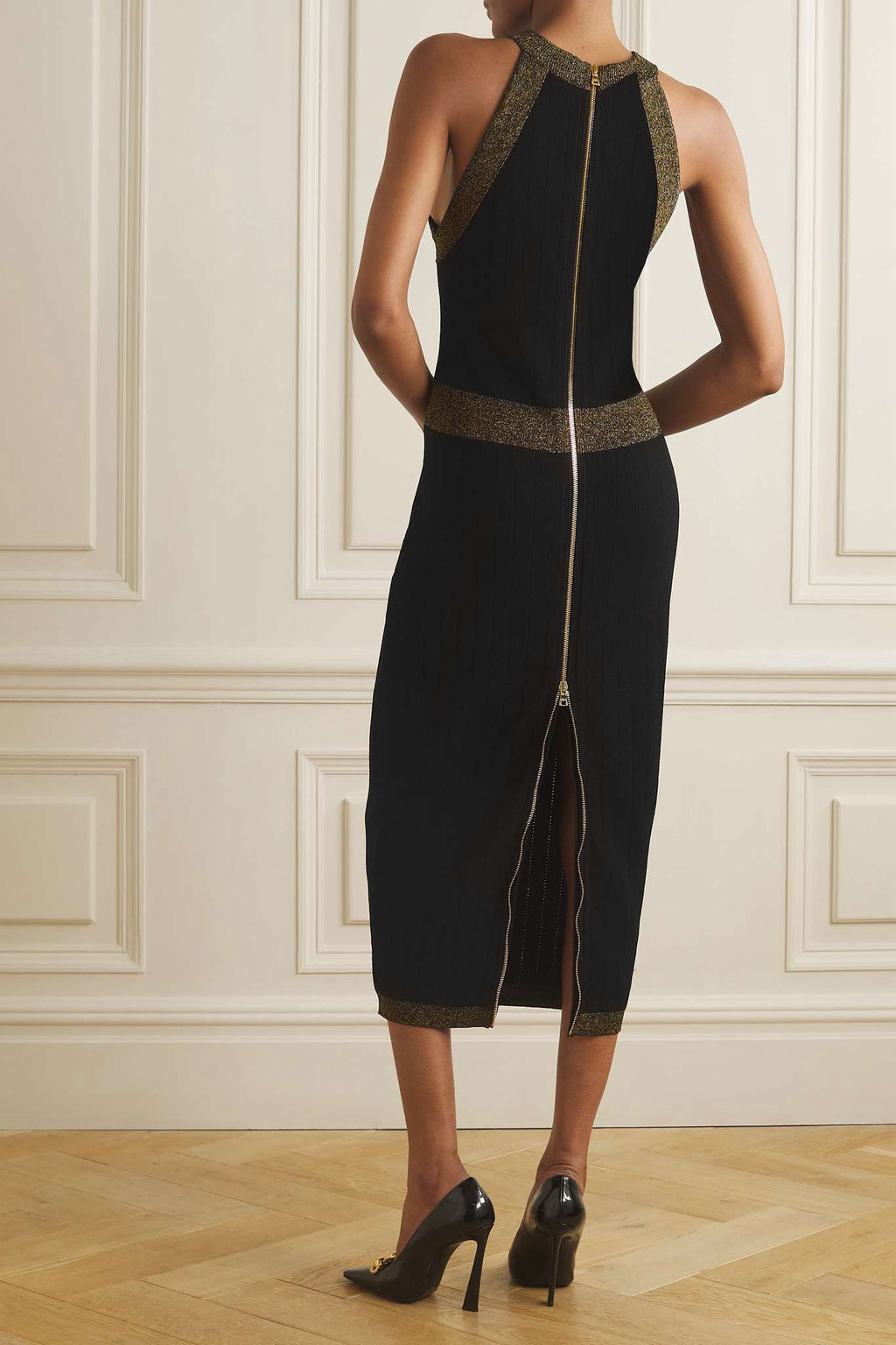 BALMAIN Button-embellished Metallic Ribbed-knit Midi Dress - Black