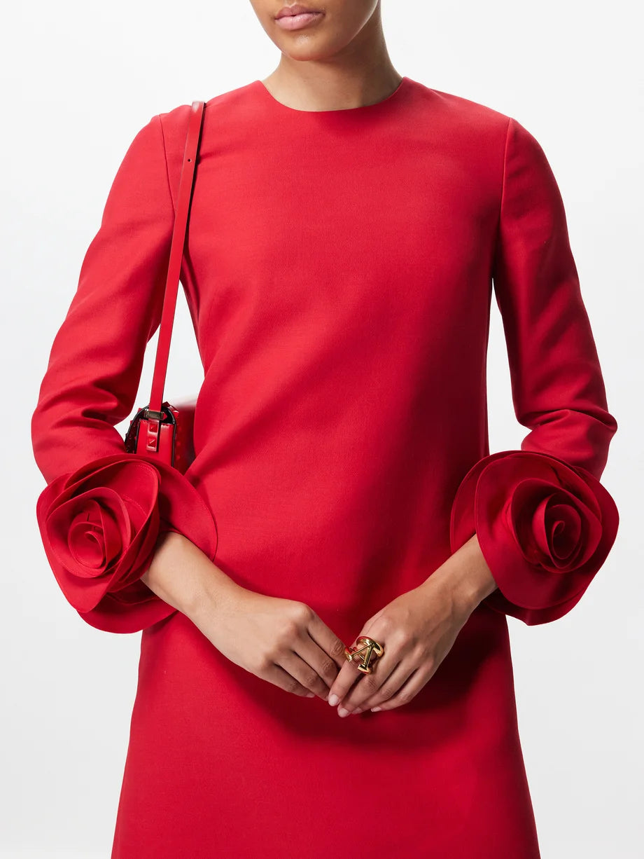 VALENTINO 
Wool & silk crepe roses cuffs mini dress
