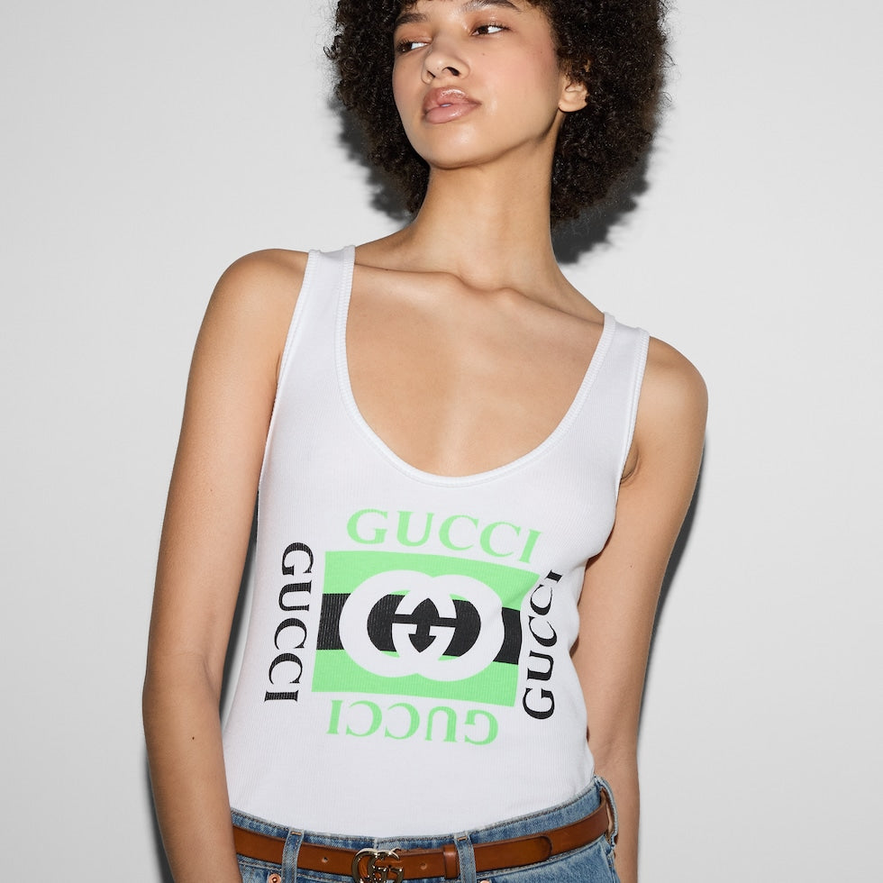 GUCCI RIB COTTON TANK TOP WITH GUCCI PRINT
