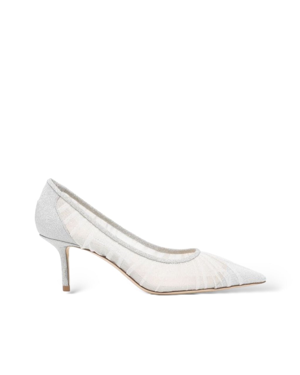 JIMMY CHOOSE Love 65
Metallic Silver Glitter Fabric Pumps with Ivory Tulle Overlay