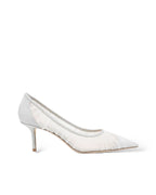 JIMMY CHOOSE Love 65
Metallic Silver Glitter Fabric Pumps with Ivory Tulle Overlay