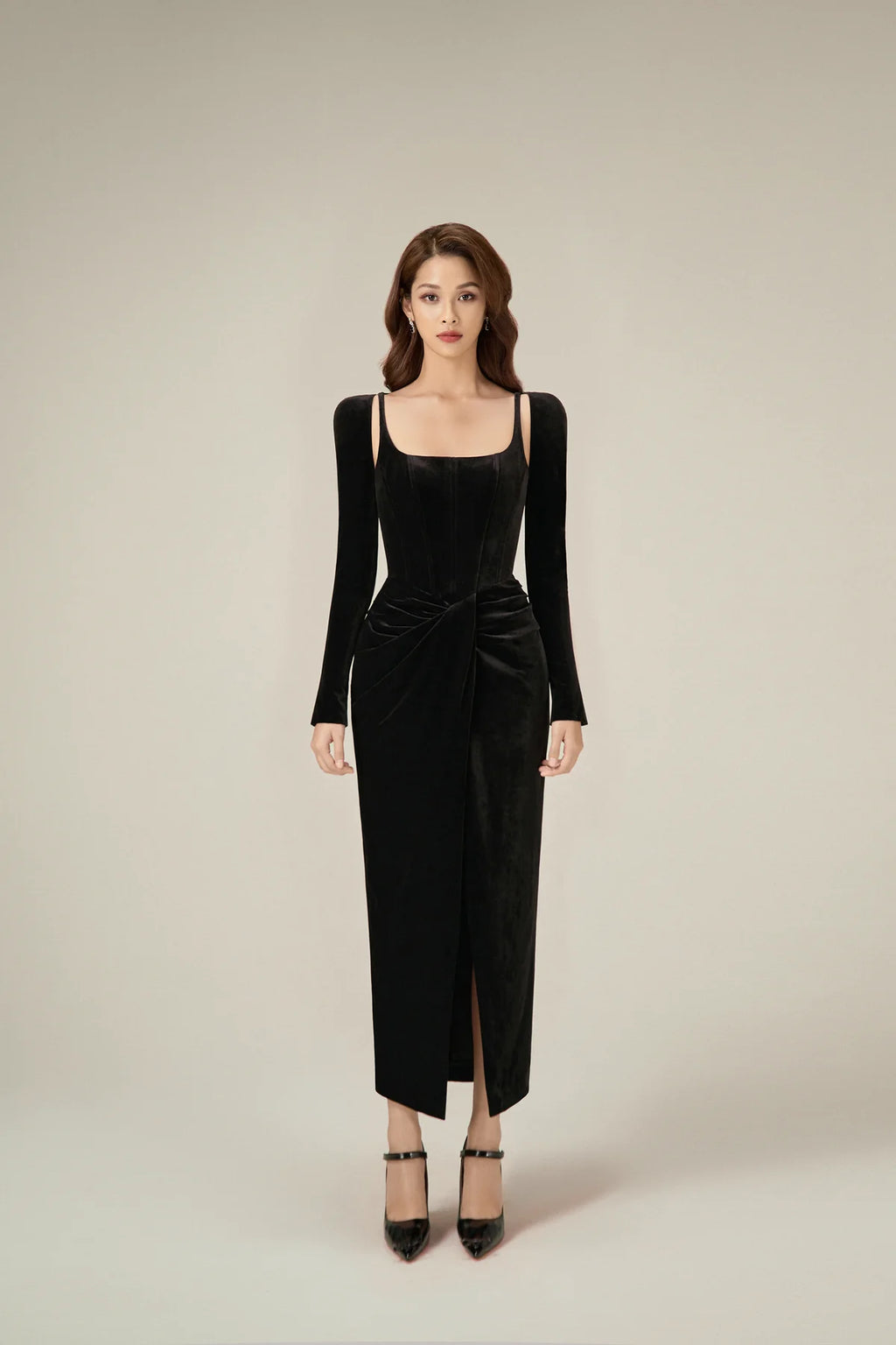 LOBBSTER BLACK VELVET DRAPED DRESS