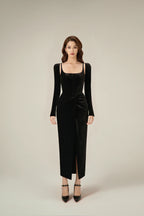 LOBBSTER BLACK VELVET DRAPED DRESS